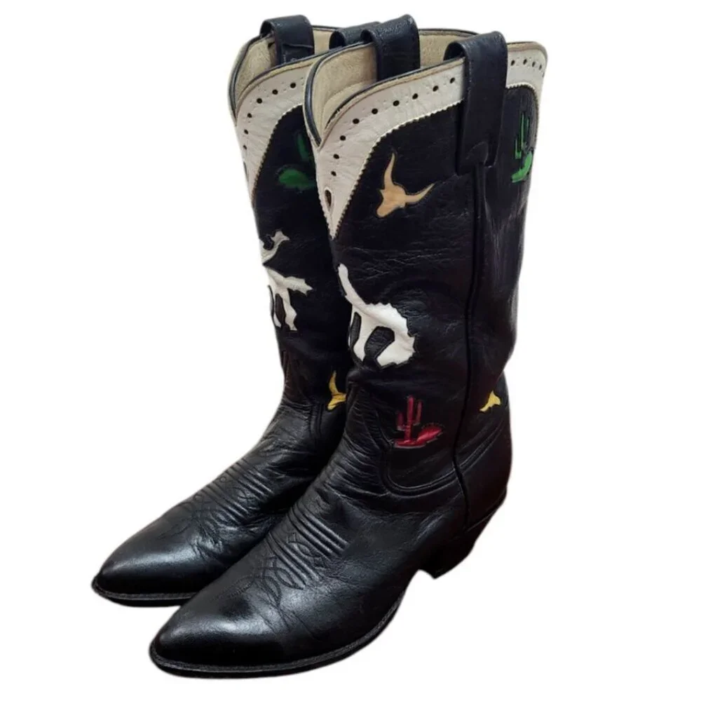 Larry Mahan Vintage Rare Rodeo Black White Red Cowgirl Cowboy Western Boots 7 B